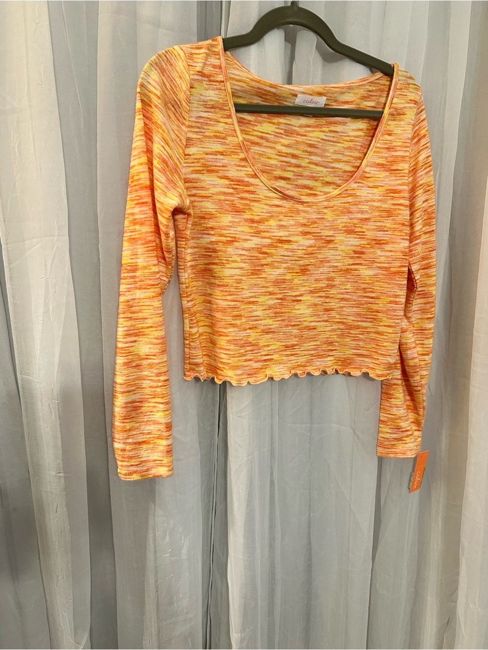 Colsie  Orange Multi-Color Scoop Neck Long Sleeve Crop Top w/ Ruffled Hem NWT